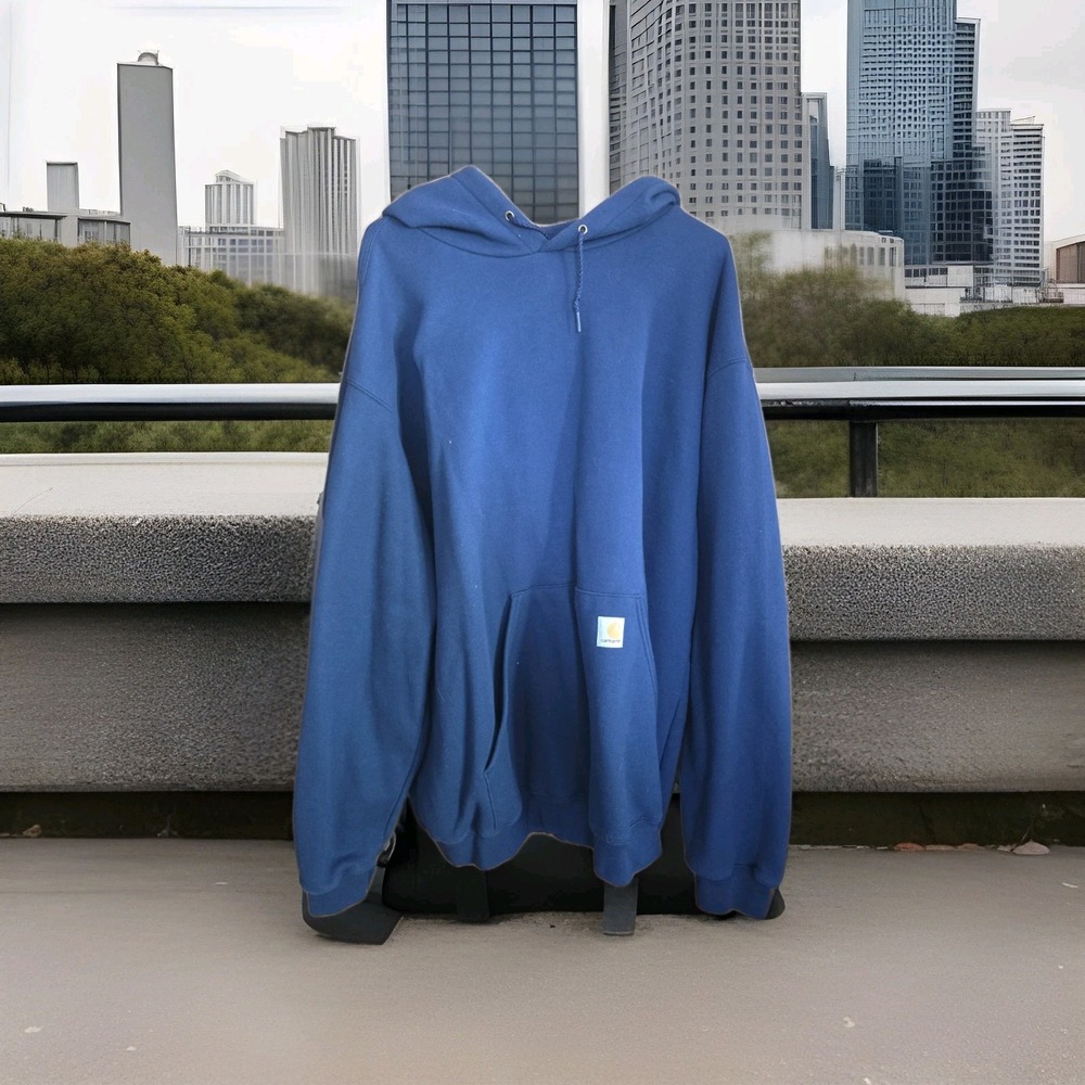 Vtg Carhartt Mens 2XL Distressed Spell Out Baggy Fit Hoodie Sweatshirt Blue